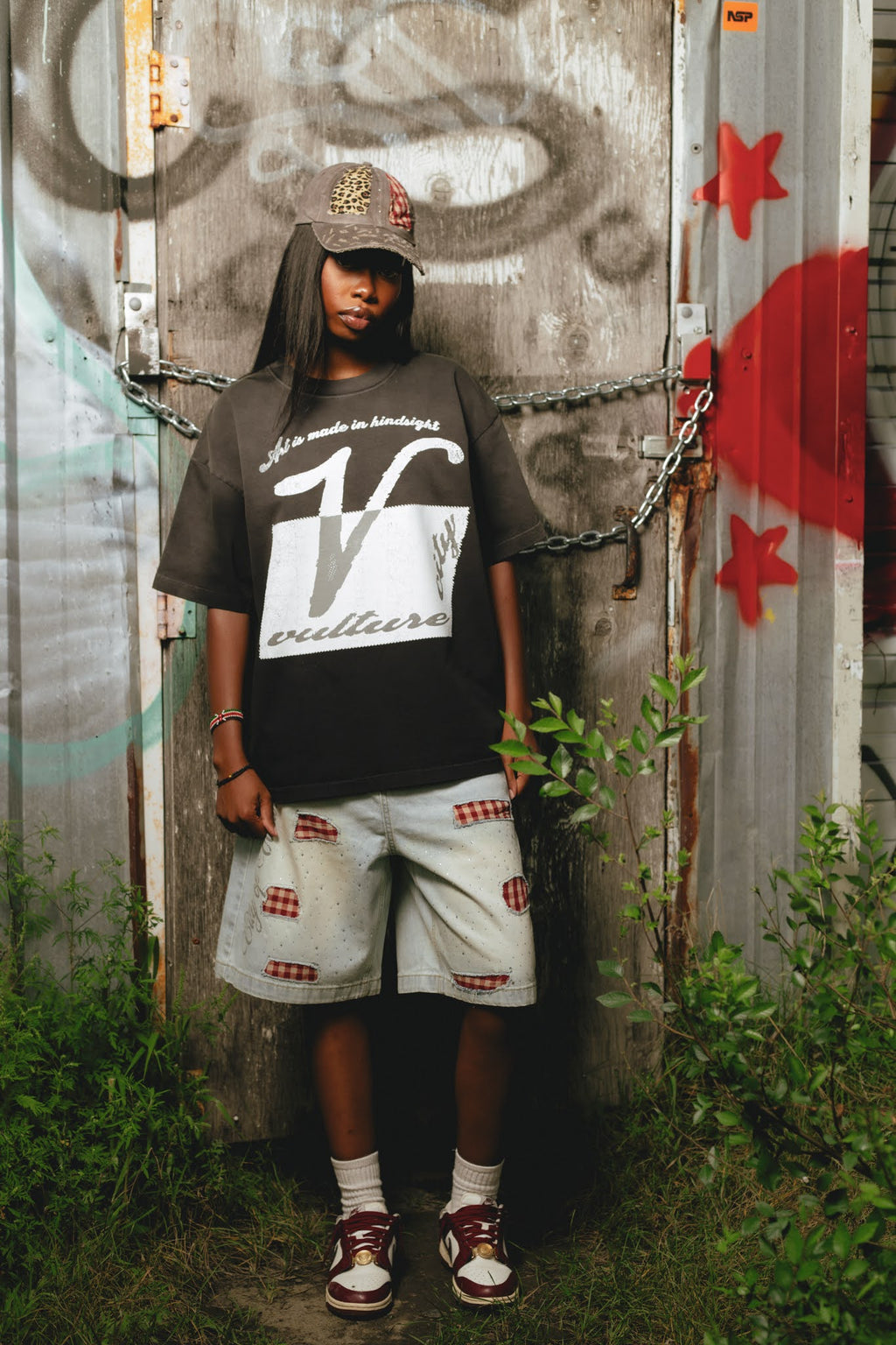 CITYOFVULTURES COLLECTION PLAID PATCH JORTS