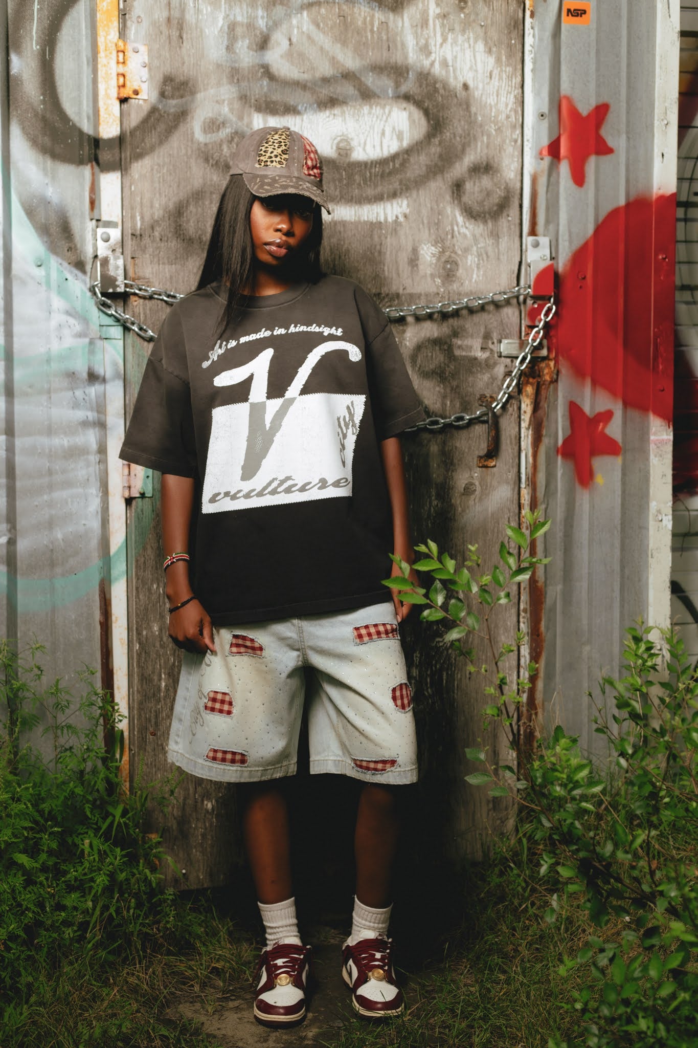 CITYOFVULTURES COLLECTION PLAID PATCH JORTS
